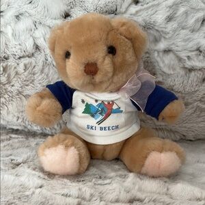 Russ Teddy Bear with Blue Sleeve and Pink Bow. Ski Beech. Vintage